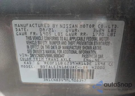 2021 Nissan Versa S Xtronic Cvt from USA, damaged, VIN 3N1CN8DV9ML908347